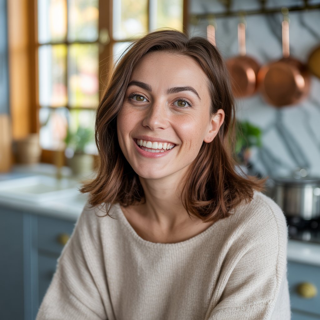 About Me 1 Ana, a New Orleans home-cook chef, smiling in a cozy kitchen with warm lighting, holding a wooden spoon and wearing an apron.