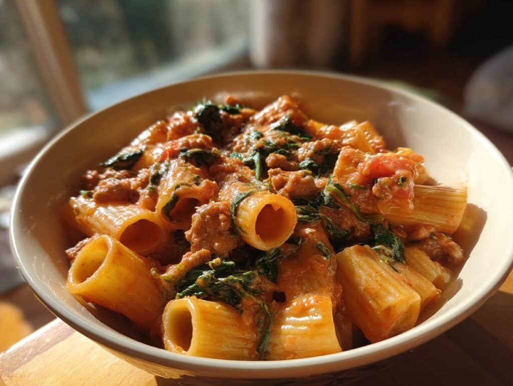 Creamy Sausage Rigatoni with Spinach: 6 Comforting Steps 5 Creamy Sausage Rigatoni with Spinach, Garlic, and Tomato Cream Sauce